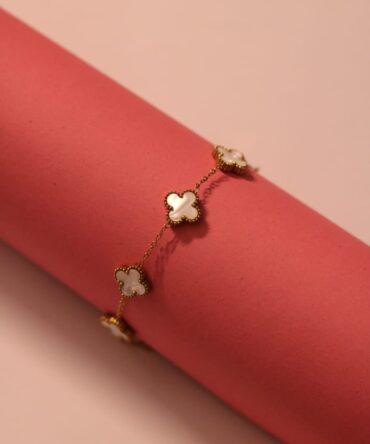 Golden Clover Charm Bracelet with White Inlays
